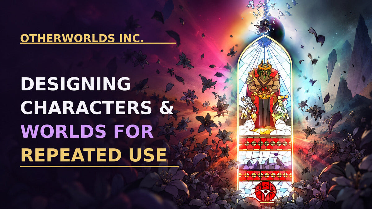 Lunora stained-glass artwork behind the Otherworlds Inc. title Designing Characters and Worlds for Repeated Use.