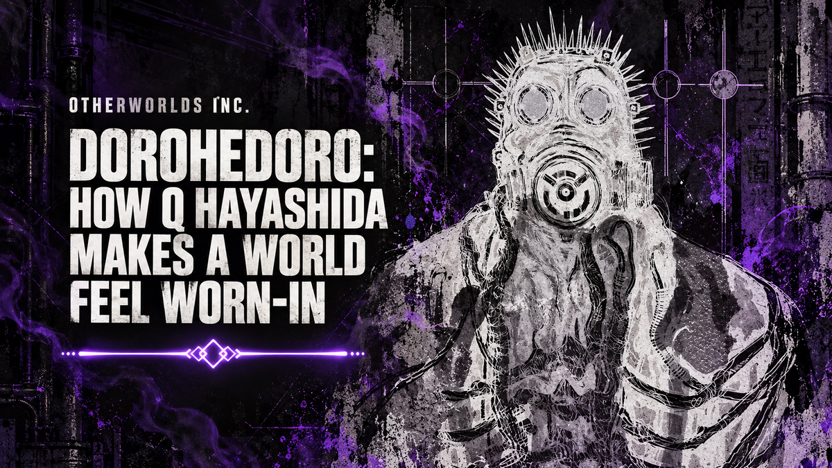 Official Dorohedoro Mud and Sludge artwork featuring a textured gas-mask figure beneath the Otherworlds Inc. article title.
