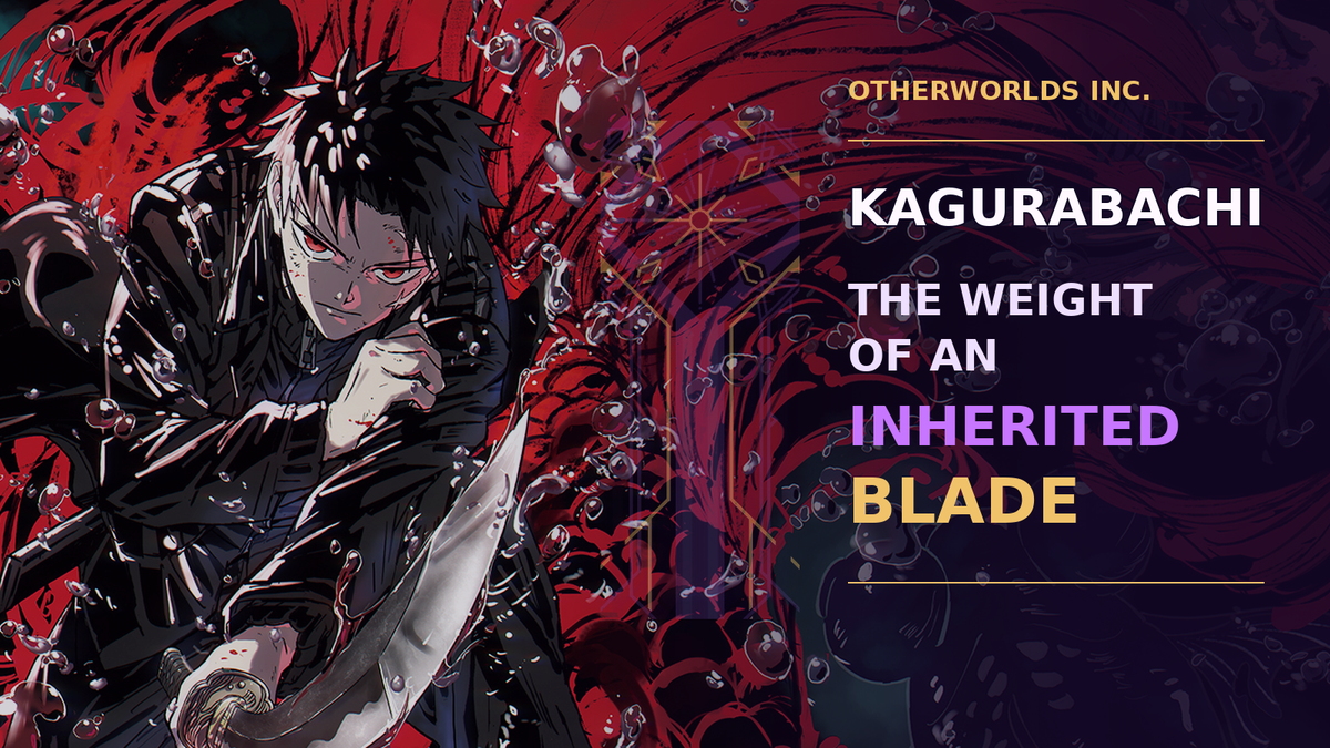 Official Kagurabachi anime teaser artwork featuring Chihiro Rokuhira and Enten beneath an Otherworlds purple-black editorial treatment reading “Kagurabachi: The Weight of an Inherited Blade.”