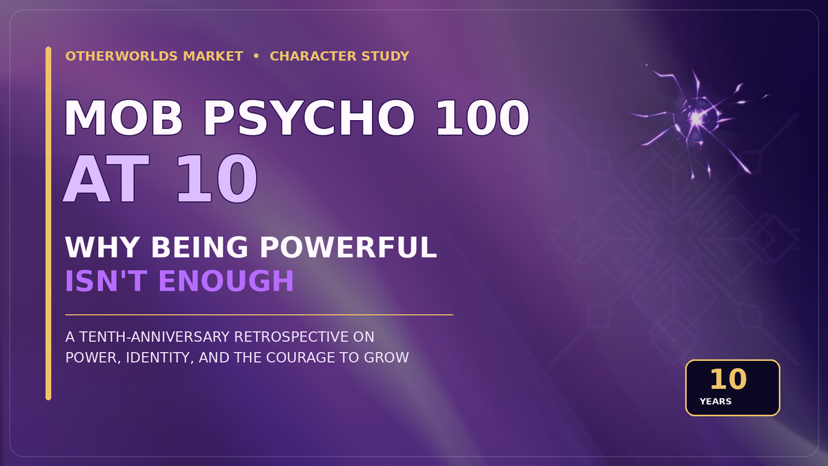 Purple Otherworlds Market editorial graphic reading “Mob Psycho 100 at 10: Why Being Powerful Isn’t Enough,” with a psychic light burst and geometric motif.