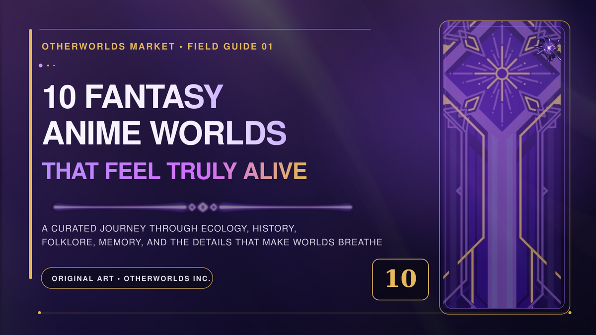 Purple and gold Otherworlds editorial graphic reading “10 Fantasy Anime Worlds That Feel Truly Alive,” featuring a geometric banner, one crystalline burst, and a luminous divider