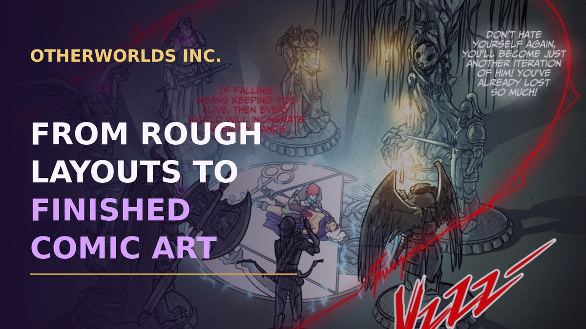 Lunora chamber artwork beneath the Otherworlds Inc. title From Rough Layouts to Finished Comic Art.