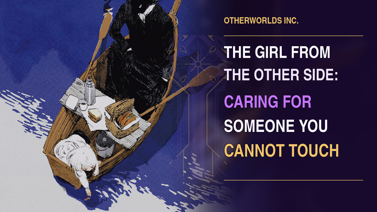 Teacher and Shiva share a small boat beside the Otherworlds Inc. title The Girl from the Other Side: Caring for Someone You Cannot Touch.