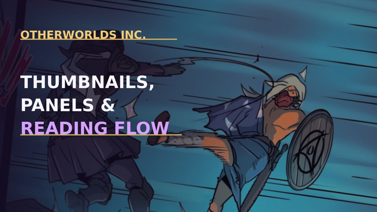 Lunora action artwork beneath the Otherworlds Inc. title Thumbnails, Panels and Reading Flow.