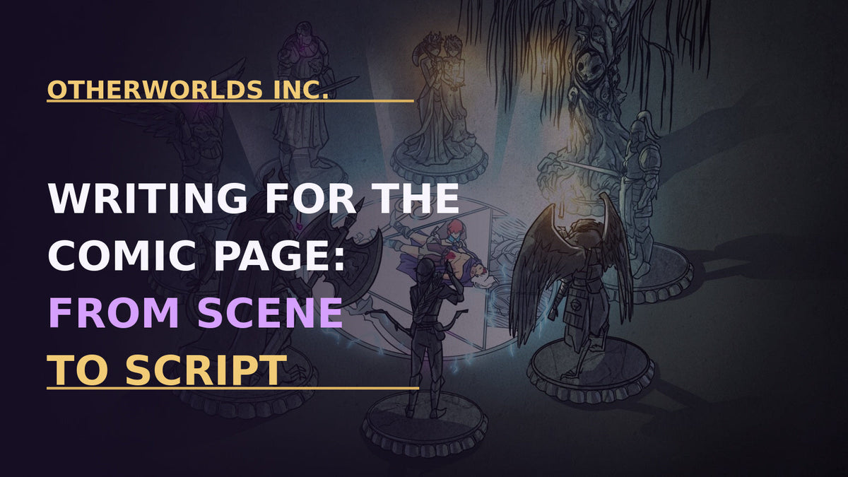 Lunora realm artwork beneath the Otherworlds Inc. title Writing for the Comic Page: From Scene to Script.