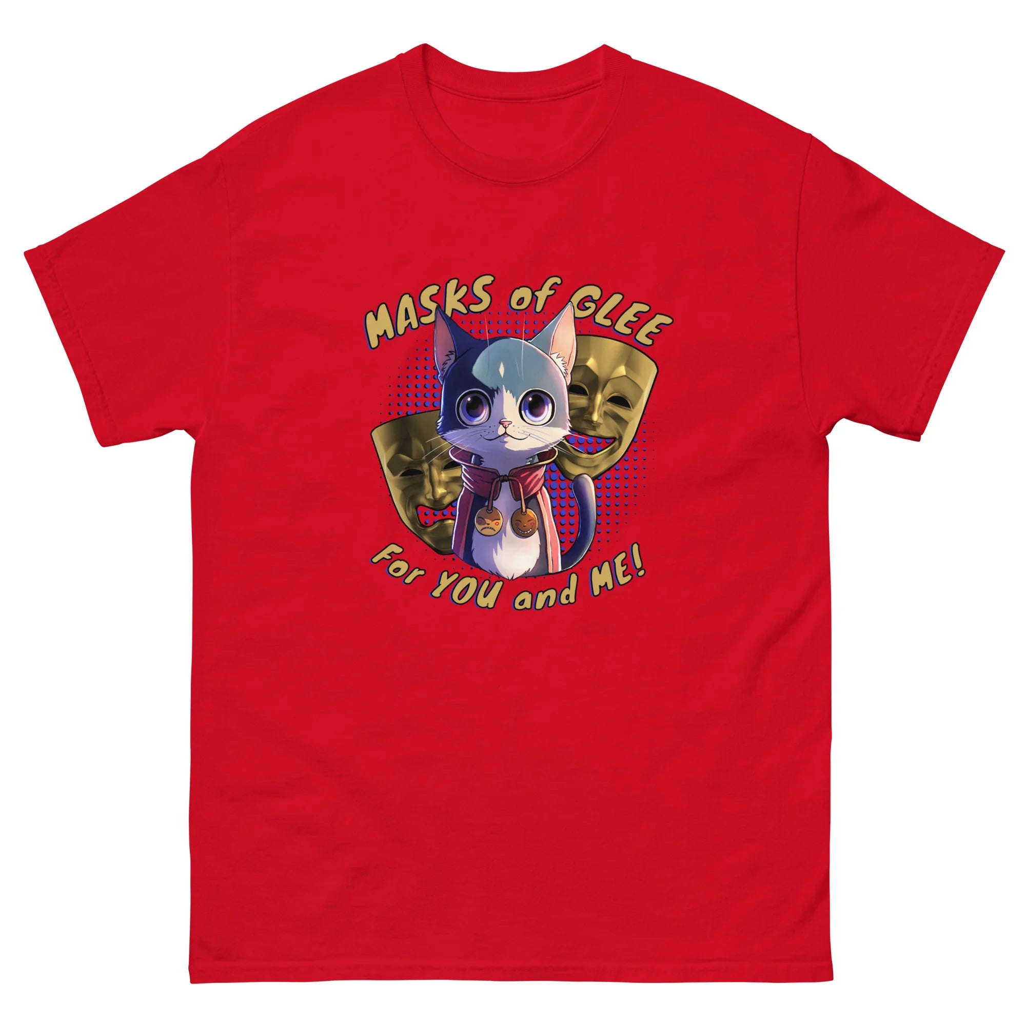 Masks of Glee Janus Cat Unisex Tee red