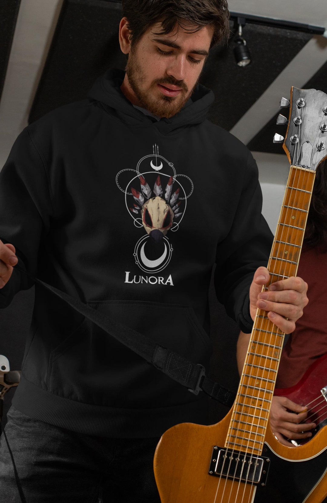 lunora mask of hyperia unisex hoodie black on model