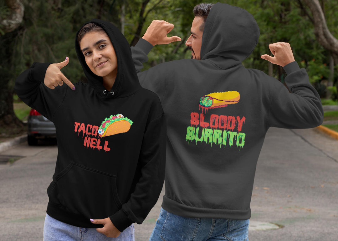 taco hell hoodie black on model featuring bloody burrito hoodie gray