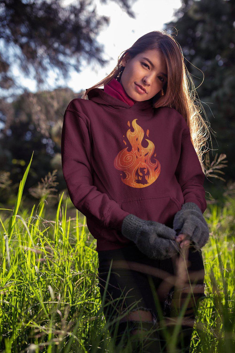 fire spirit hoodie maroon on model outdoors