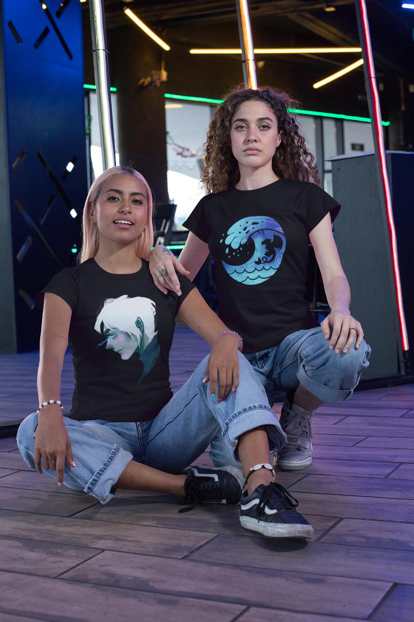 water spirit unisex tee black on model real world setting featuring juka art shirt
