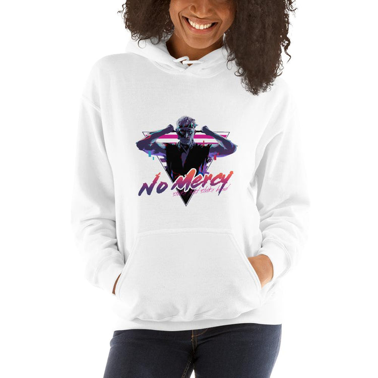 no mercy unisex hoodie white on model